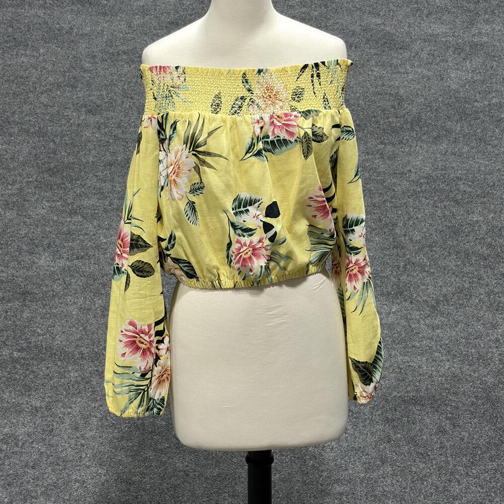 Guess Shirt Womens Large Yellow Floral Off Shoulder Smocked Crop Top